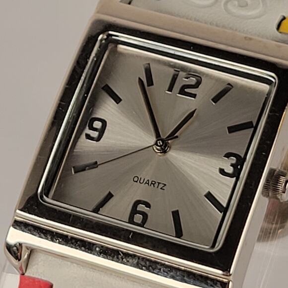 Silver Quartz Watch with Embossed Cuff White Leather Strap and Multicolor Design - Picture 2 of 16